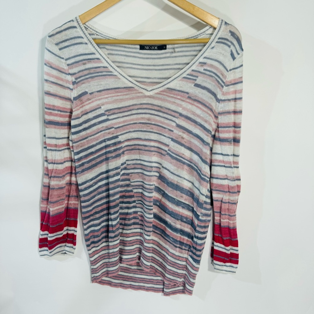 Nic and Zoe White Red Striped V-Neck Long Sleeve Sweater NWT